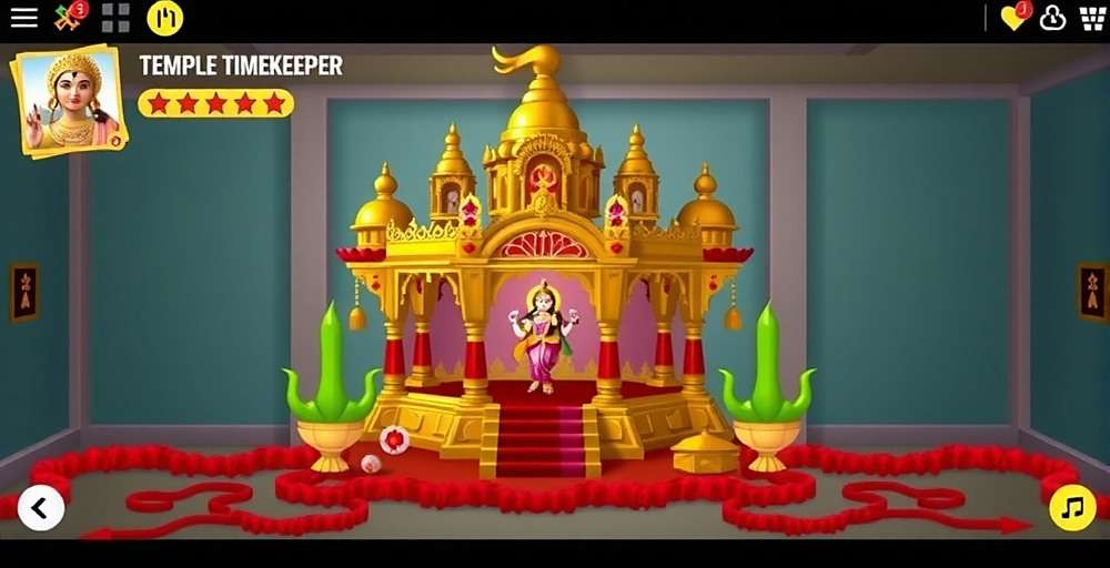 Temple Timekeeper Durga Puja Preparation Temple Timekeeper festival strategy screen showing a player's temple prepared for Durga Puja with red flowers and decorations