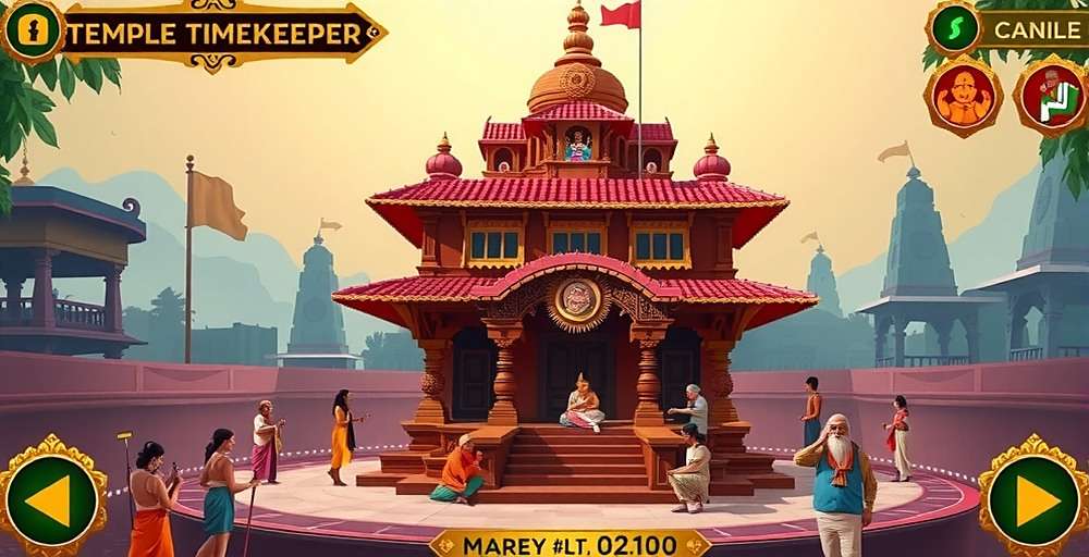 Temple Timekeeper Main Gameplay Temple Timekeeper main gameplay screen showing a traditional South Indian temple with devotees and rituals